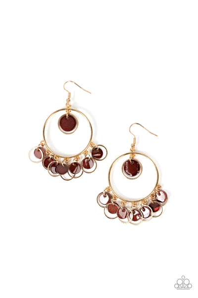 Cabana Charm - Paparazzi - Brown Shell-like Disc Gold Earrings