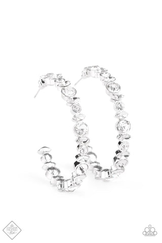 Can I Have Your Attention? - Paparazzi - White Rhinestone Silver Hoop Earrings- Fashion Fix Exclusive