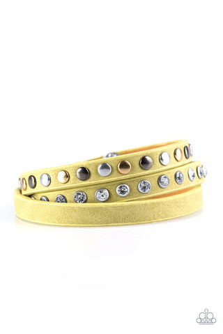 Catwalk Casual - Paparazzi - Green Leather Rhinestone Stud Snap Bracelet