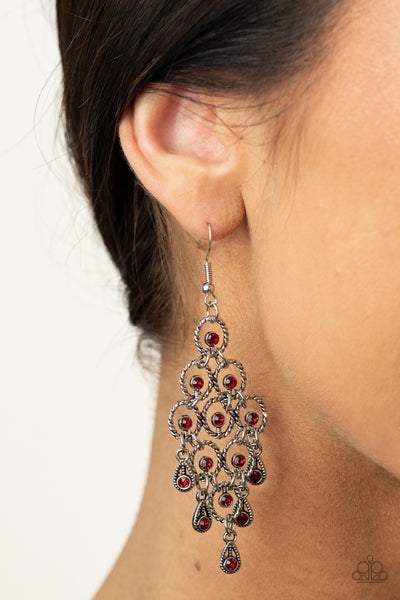 Chandelier Cameo - Paparazzi - Red Rhinestone Silver Rope-Like Earrings