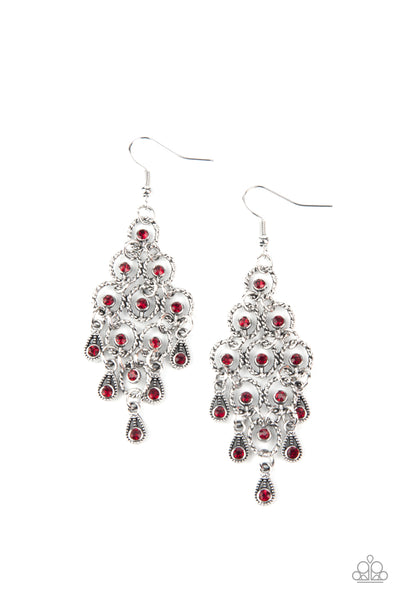 Chandelier Cameo - Paparazzi - Red Rhinestone Silver Rope-Like Earrings