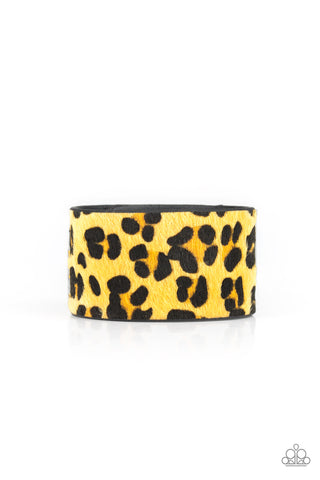 Cheetah Cabana – Paparazzi – Yellow Fuzzy Cheetah Pattern Black Leather Wrap Bracelet