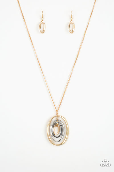 Classic Convergence - Paparazzi - Gold Silver Gunmetal Oval Pendant Necklace