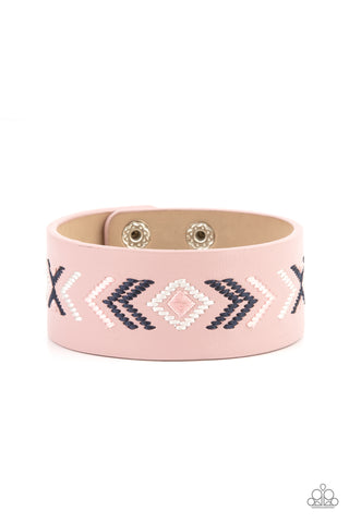 Cliff Glyphs - Paparazzi - Pink Blue and White Thread Tribal Leather Snap Bracelet