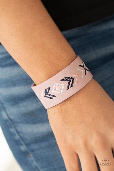 Cliff Glyphs - Paparazzi - Pink Blue and White Thread Tribal Leather Snap Bracelet