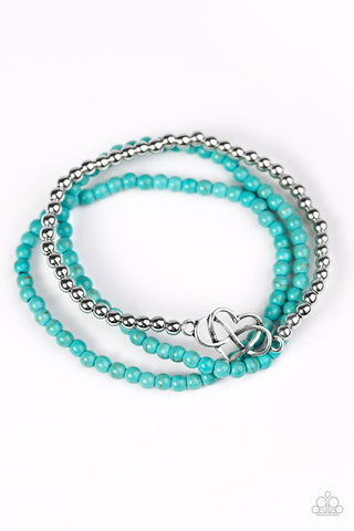 Collect Moments - Paparazzi - Blue Turquoise Bead Silver Heart Stretchy Bracelet