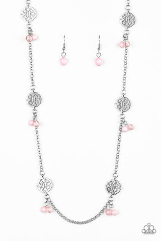 Color Boost - Paparazzi - Pink Bead Silver Floral Frame Necklace