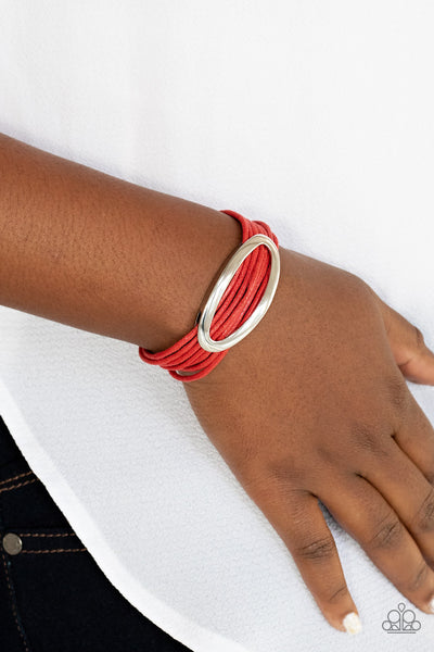 Corded Couture - Paparazzi - Red Cord Silver Oval Magnetic Bracelet