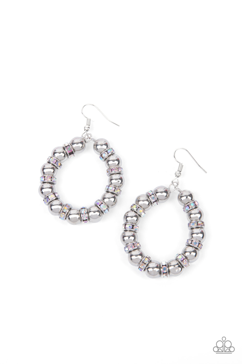 Cosmic Halo - Paparazzi - Multi Iridescent Rhinestone Silver Bead Circle Earrings