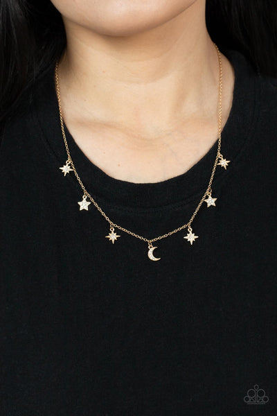Cosmic Runway - Paparazzi - Gold Star and Moon Charm Necklace