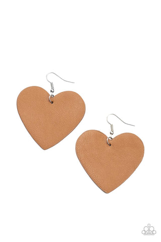 Country Crush - Paparazzi - Brown Leather Heart Earrings