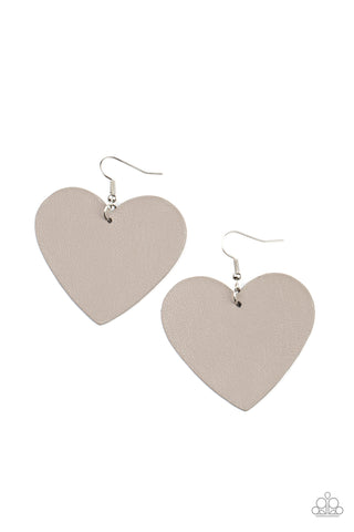 Country Crush - Paparazzi - Silver Gray Leather Heart Earrings
