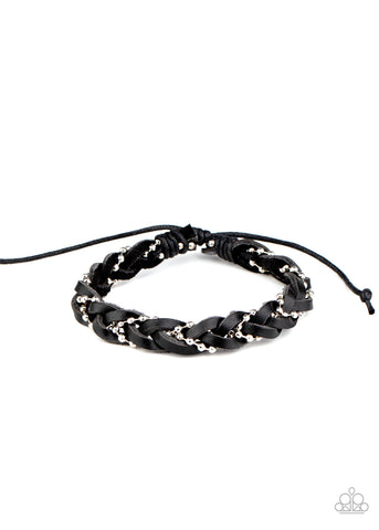 Cowboy Couture - Paparazzi - Black Braided Leather Silver Chain Sliding Knot Bracelet