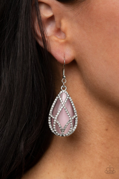 Crawling With Couture - Paparazzi - Pink Moonstone Cat's Eye Teardrop White Rhinestone Earrings
