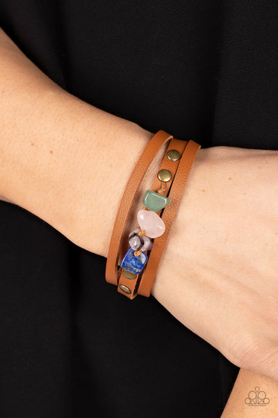 Creek Cache - Paparazzi - Brass Brown Leather Colored Stone Snap Bracelet