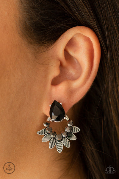 Crystal Canopy - Paparazzi - Black Rhinestone Silver Leaf Jacket Earrings