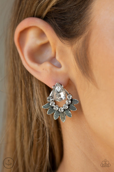 Crystal Canopy - Paparazzi - White Rhinestone Silver Leaf Jacket Earrings