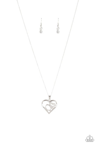Cupid Charm - Paparazzi - White Rhinestone Silver Heart Necklace