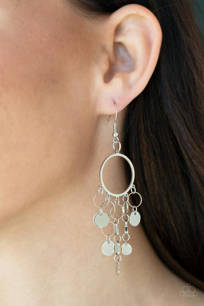 Cyber Chime - Paparazzi - Silver Disc Chandelier Earrings