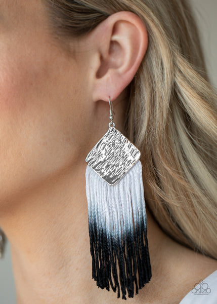 Dip The Scales - Paparazzi - Black and White Ombre Tassel Silver Earrings