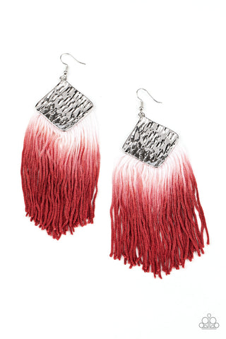 DIP The Scales - Paparazzi - Red To White Ombre Dip Dye Tassel Silver Hammered Square Earrings