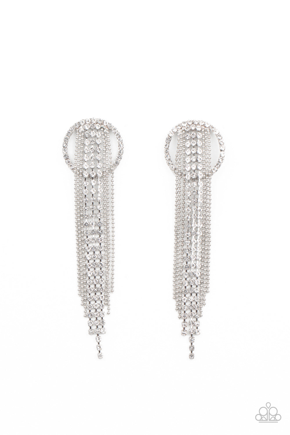 Dazzle by Default - Paparazzi - White Rhinestone Silver Circle Chain Tassel Post Earrings