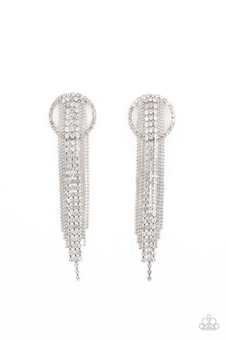 Dazzle by Default - Paparazzi - White Rhinestone Silver Circle Chain Tassel Post Earrings