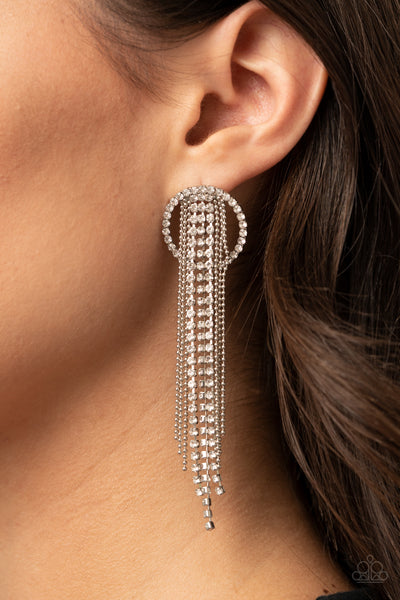 Dazzle by Default - Paparazzi - White Rhinestone Silver Circle Chain Tassel Post Earrings