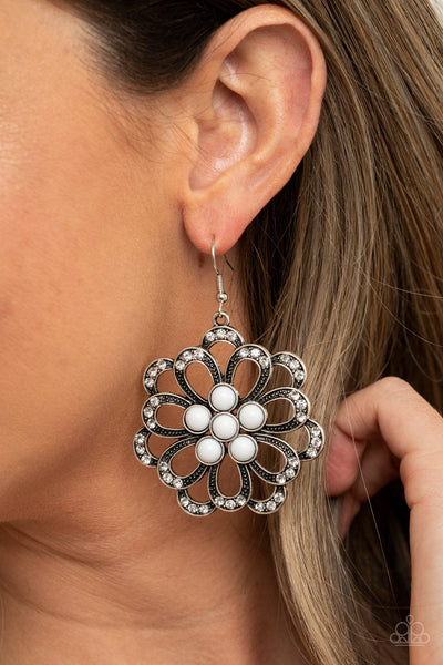 Dazzling Dewdrops - Paparazzi - White Bead and Rhinestone Floral Earrings