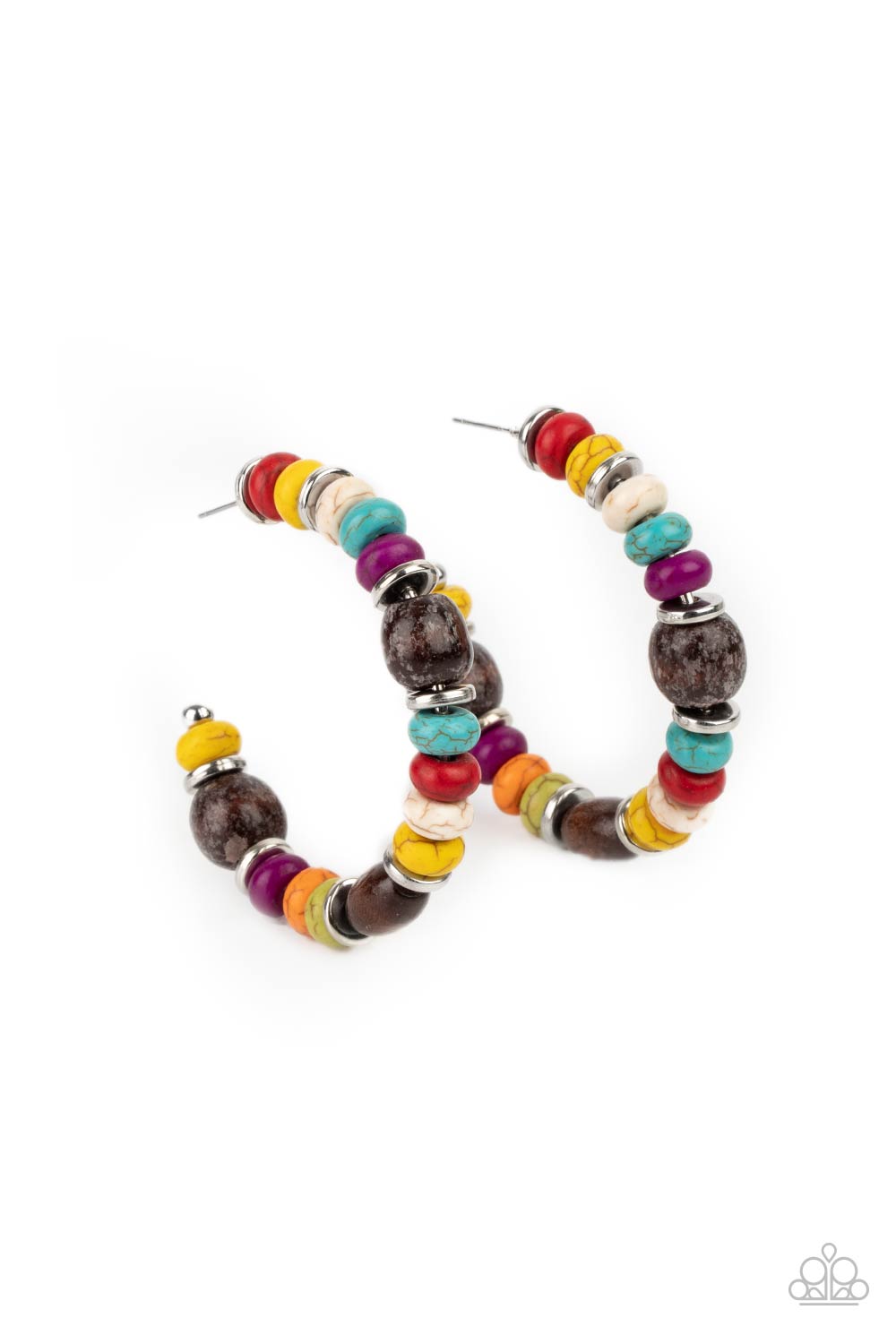 Definitely Down-To-Earth - Paparazzi - Multi Colored Stone Wood Bead Hoop Earrings