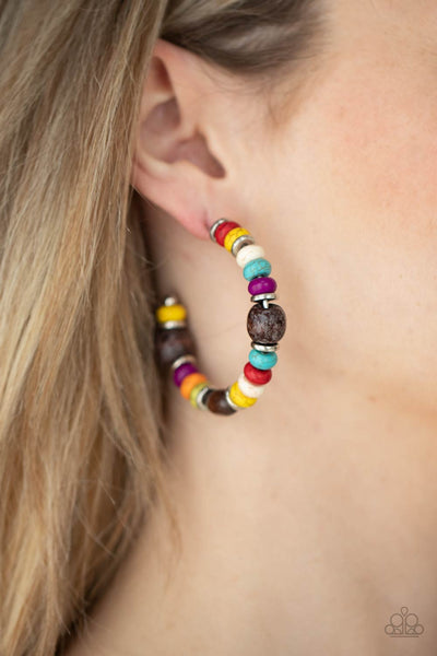 Definitely Down-To-Earth - Paparazzi - Multi Colored Stone Wood Bead Hoop Earrings