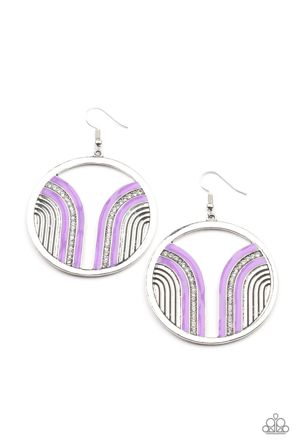 Delightfully Deco - Paparazzi - Purple Curve White Rhinestone Silver Circle Earrings