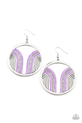 Delightfully Deco - Paparazzi - Purple Curve White Rhinestone Silver Circle Earrings