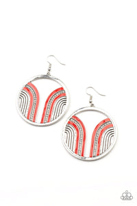 Delightfully Deco - Paparazzi - Red Curve White Rhinestone Silver Circle Earrings