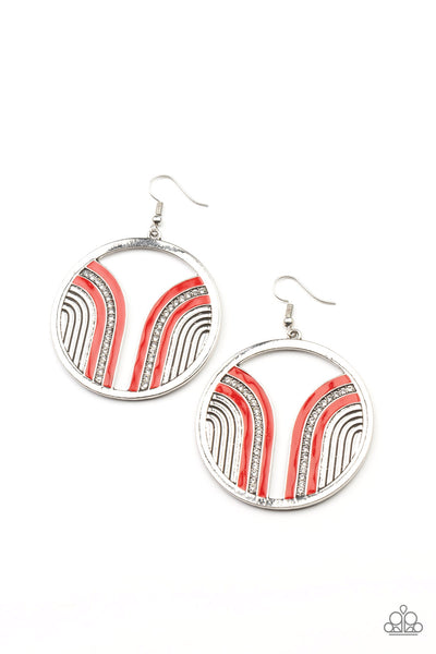 Delightfully Deco - Paparazzi - Red Curve White Rhinestone Silver Circle Earrings