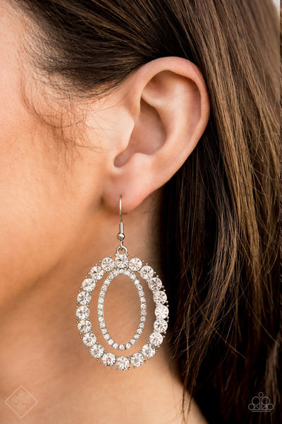 Deluxe Luxury - Paparazzi - White Rhinestone Silver Oval Earrings Fashion Fix Exclusive