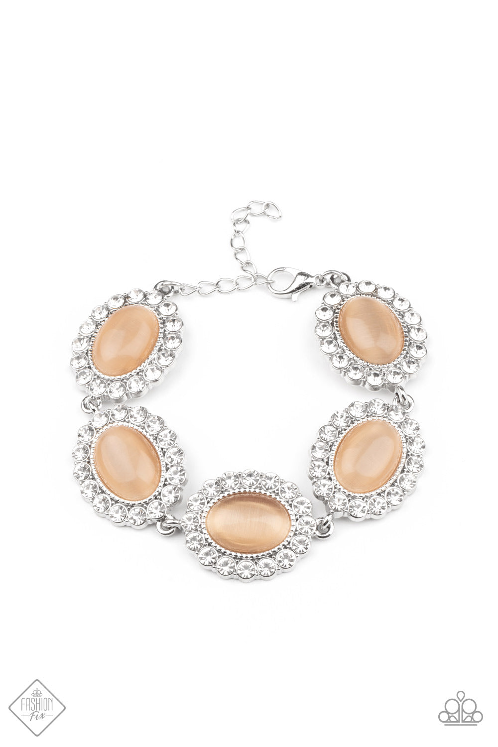 Demurely Diva - Paparazzi - Orange Peach Moonstone White Rhinestone Oval Clasp Bracelet