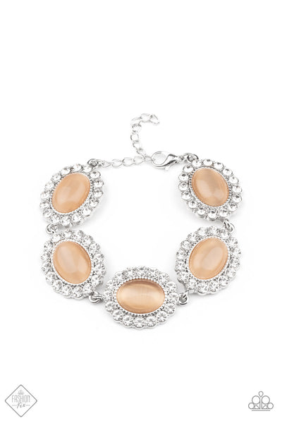 Demurely Diva - Paparazzi - Orange Peach Moonstone White Rhinestone Oval Clasp Bracelet