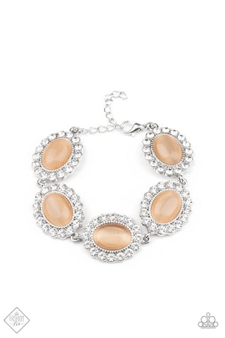 Demurely Diva - Paparazzi - Orange Peach Moonstone White Rhinestone Oval Clasp Bracelet