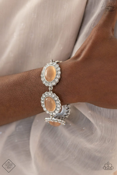 Demurely Diva - Paparazzi - Orange Peach Moonstone White Rhinestone Oval Clasp Bracelet