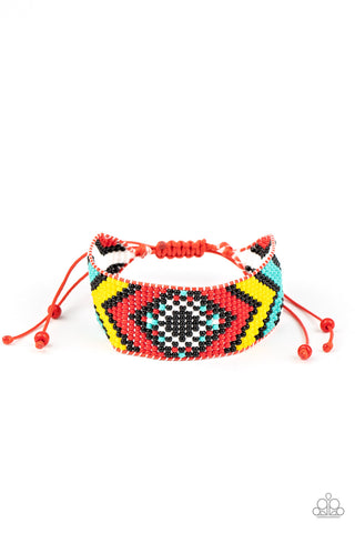 Desert Dive - Paparazzi - Red Black Turquoise Yellow Seed Bead Sliding Knot Bracelet