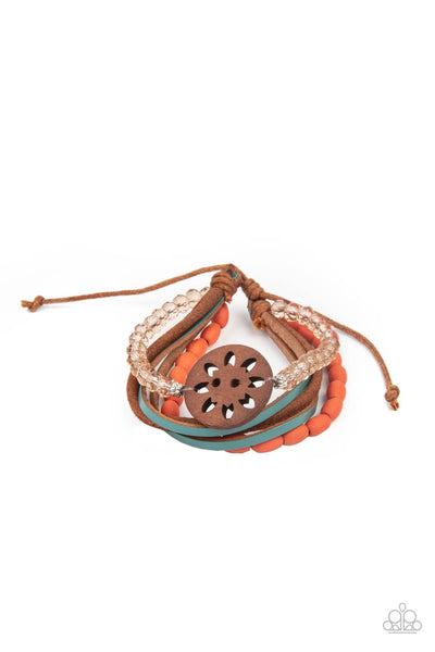 Desert Gallery - Paparazzi - Multi Brown Wood Flower Orange and Leather Sliding Knot Bracelet