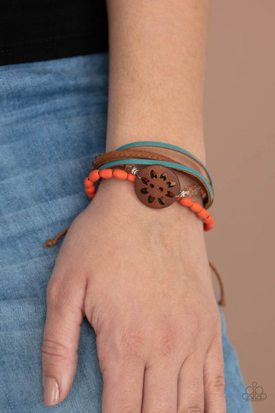 Desert Gallery - Paparazzi - Multi Brown Wood Flower Orange and Leather Sliding Knot Bracelet