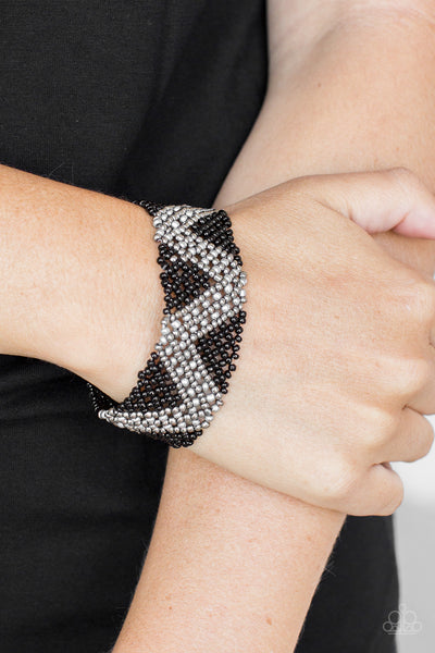 Desert Loom - Paparazzi - Black and Silver Seed Bead Zig Zag Stretchy Bracelet