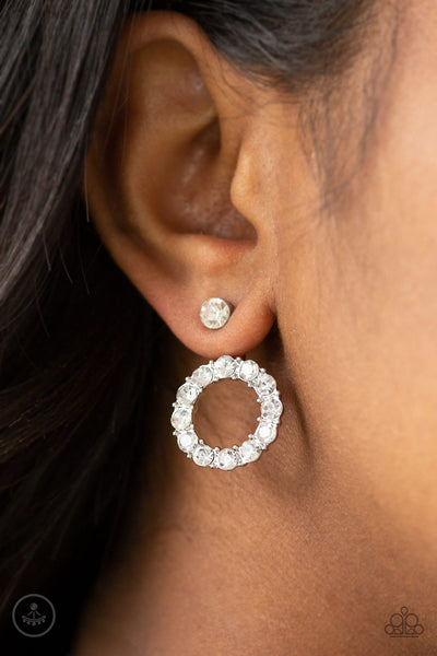 Diamond Halo - Paparazzi - White Rhinestone Silver Circle Jacket Earrings