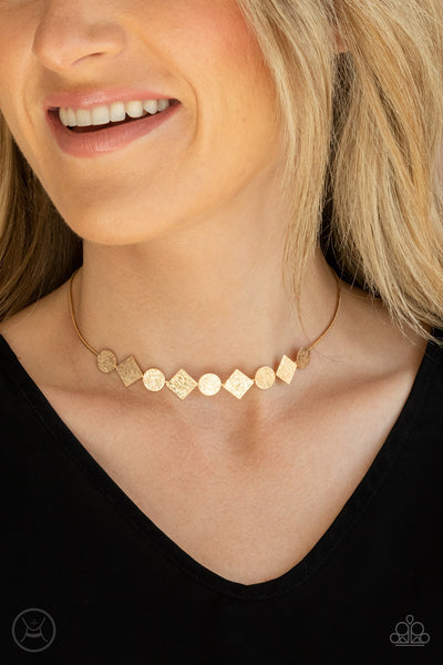 Don't Get Bent Out Of Shape - Paparazzi - Gold Flat Square and Circle Choker Necklace