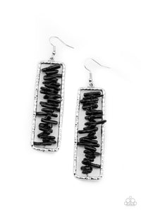 Don't QUARRY, Be Happy - Paparazzi - Black Stacked Rock Silver Hammered Rectangle Earrings