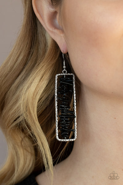 Don't QUARRY, Be Happy - Paparazzi - Black Stacked Rock Silver Hammered Rectangle Earrings