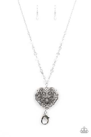 Doting Devotion - Paparazzi - White Crystal Bead Silver Filigree Heart 2021 Convention Exclusive Lanyard Necklace