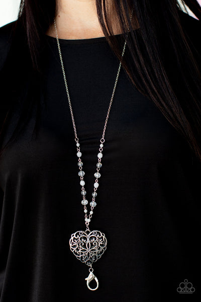 Doting Devotion - Paparazzi - White Crystal Bead Silver Filigree Heart 2021 Convention Exclusive Lanyard Necklace